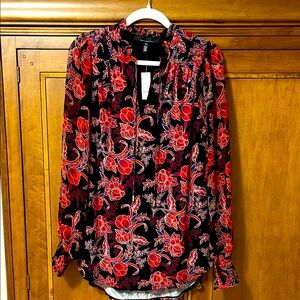 White House Black Market Red and Black Floral Blouse. NWT .